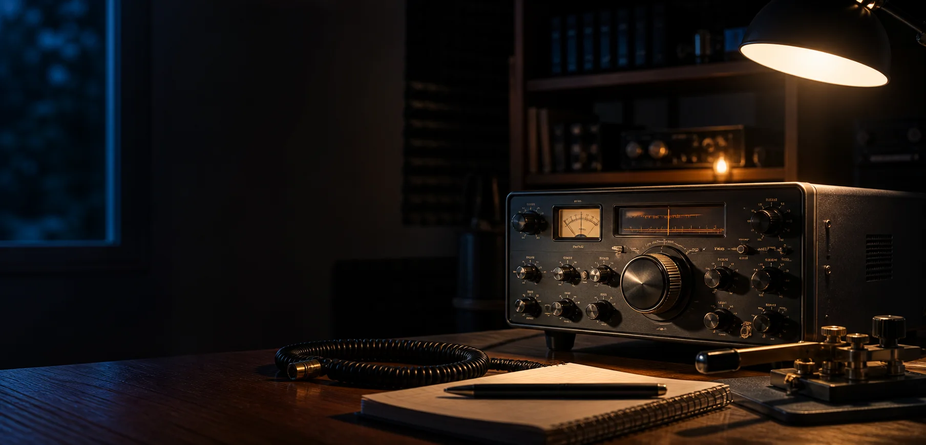 Shortwave radio receiver, Morse key, and notebook on a dimly lit workshop desk